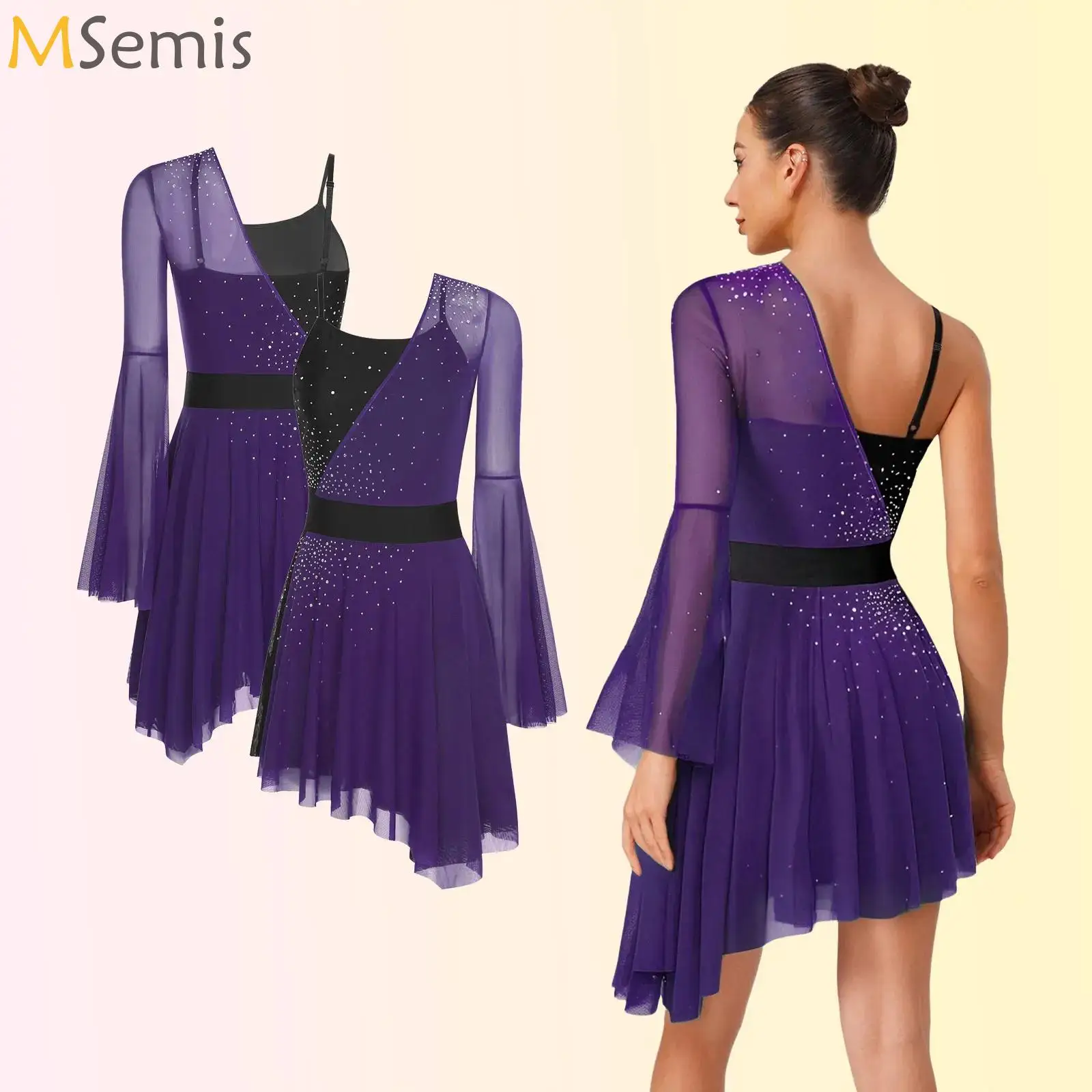 

Women Figure Skating Dress Costume Sheer Mesh One Flare Sleeve Rhinestones Asymmetrical Tulle Dress Lyrical Ballet Dance Leotard