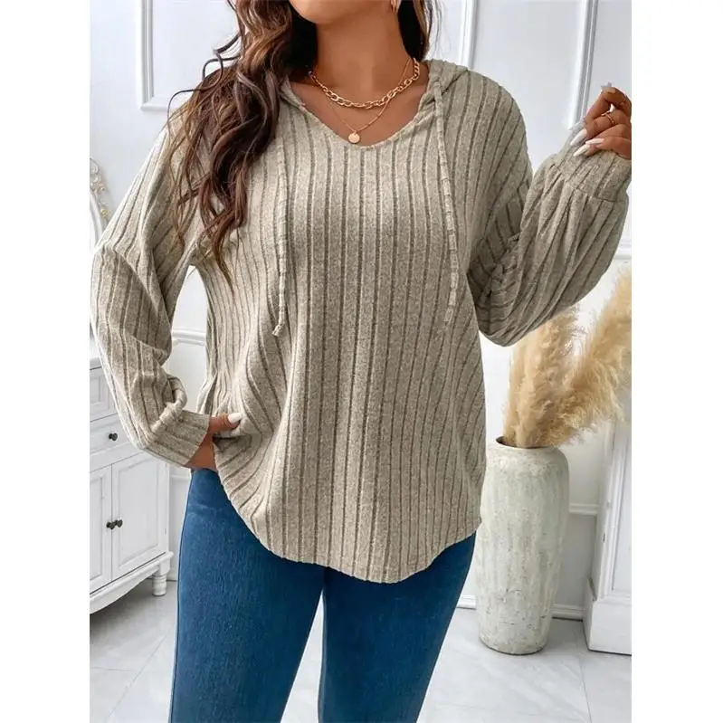 تي شيرت نسائي كبير الحجم بغطاء للرأس طويل Sve بياقة علوية من مزيج البوليستر المريح للتنقل في موسم الخريف