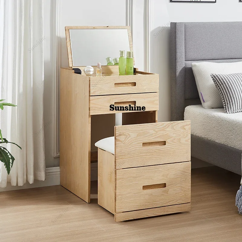 

Wooden Hidden Vanity Table Dest Bedroom Brown Vintage Mirror Makeup Vanity Desk Space Saving Coiffeuse Avec Miroir Furniture FT