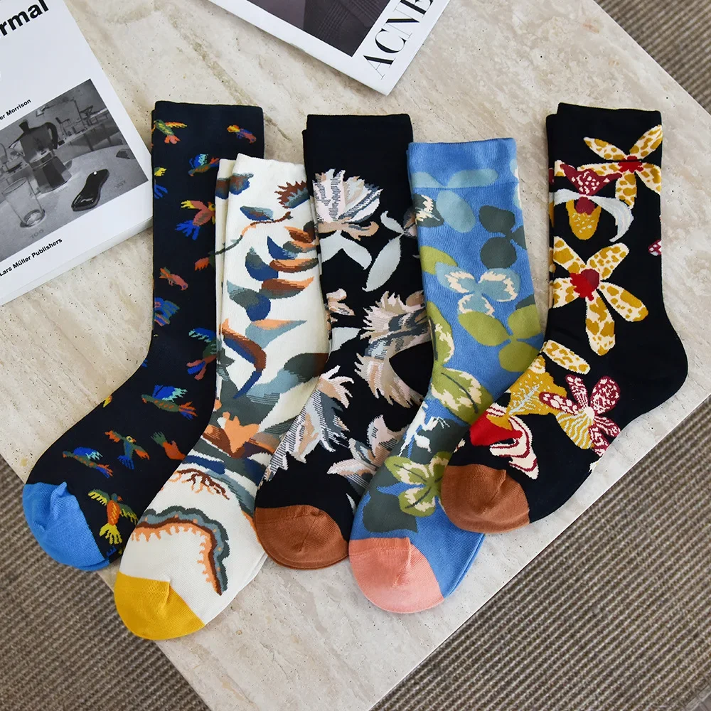 Trendy and Personalized Men Socks Hip Hop Oil Painting Abstract Sock Mouth Letter Embroidery Autumn Mid Tube Socks Women носки