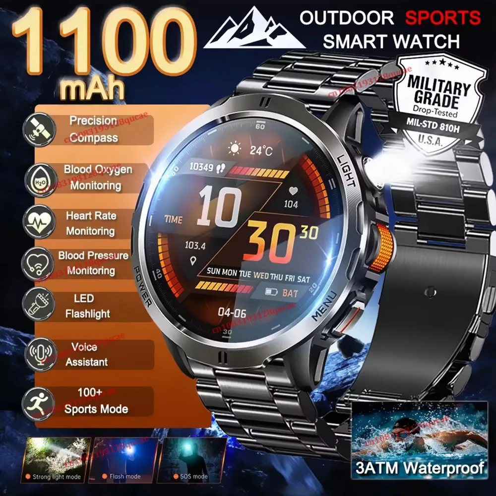 2026 1100mAh Akku Smartwatch GPS-Tracking Kompass 3ATM Wasserdicht Taschenlampe Sport-Tracker Outdoor Militär Smartwatches Hw12