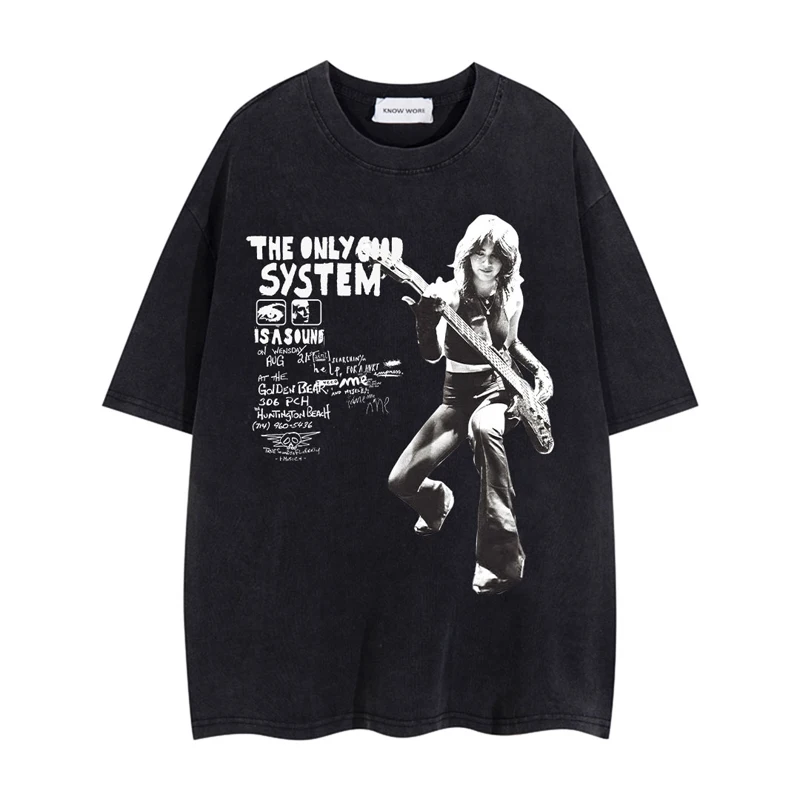 2024 Men Streetwear T-Shirt Girl Guitarist Lettter Print Wash  T Shirt Hip Hop Unisex Harajuku Tshirt Cotton Tops Tees Oversized