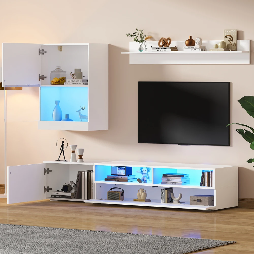 175 x 39 x 34 cm großes TV-Wandset mit Vitrine (Komplettset, 3 Stück), inkl. TV-Platte, Regal und Wandregal, mit LED und Hochglanz