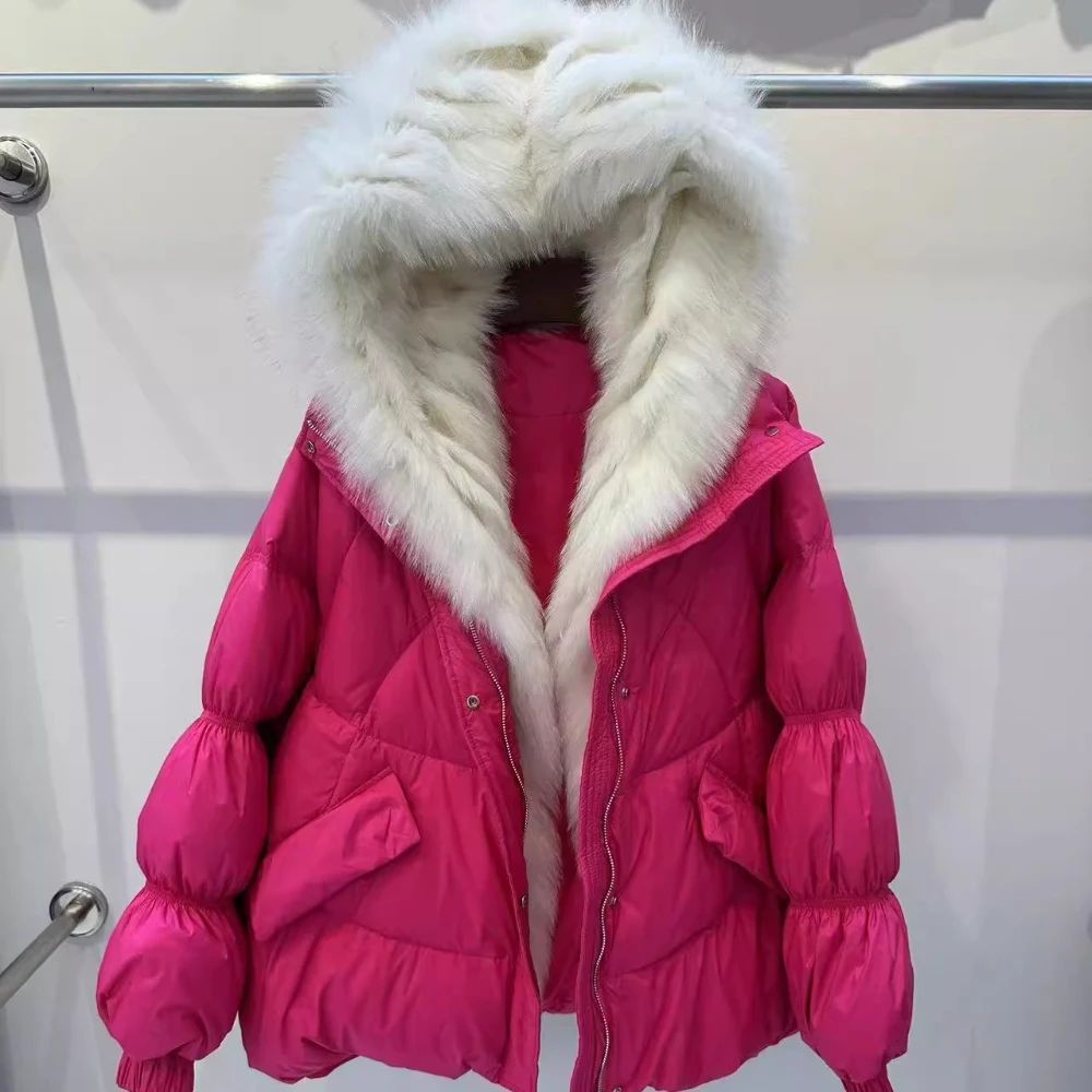 الواقع الفراء سترة الشتاء حزام كبير الثعلب الفراء طوق سترة سميكة الطبيعية المرأة الأبيض أوزة أسفل معطف حقيقي فضفاض البخاخ سترة دافئة