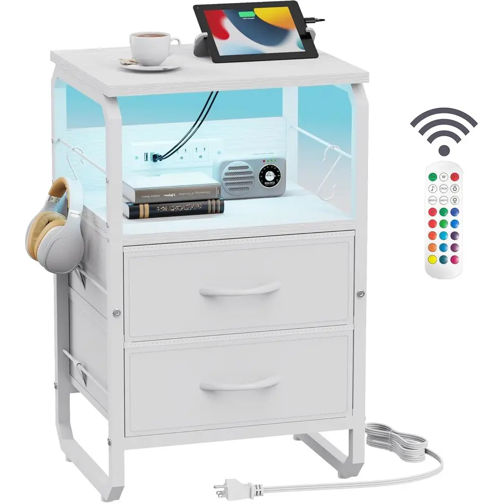 

Contemporary LED-lit Nightstand with Storage, USB Ports, and Hooks for Bedroom or Dorm