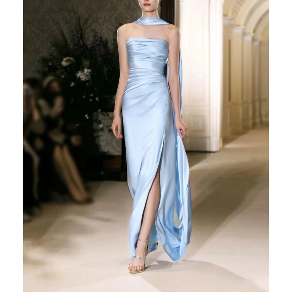 

Customized Light Blue Strapless Backless Slit Mermaid Prom Dress Graduation Ceremony Wedding Evening Party Simple Ball Dresses