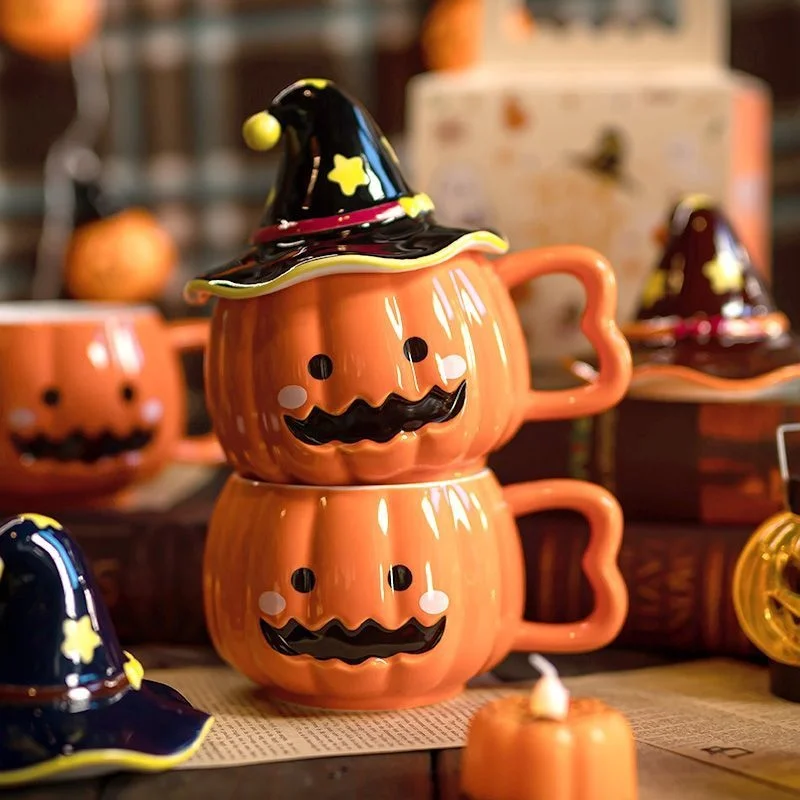 Ceramic Pumpkin Mug Cup Witch Hat Lid Spoon Cute Halloween Coffee Milk Tea Drinkware Office Gift for Friend