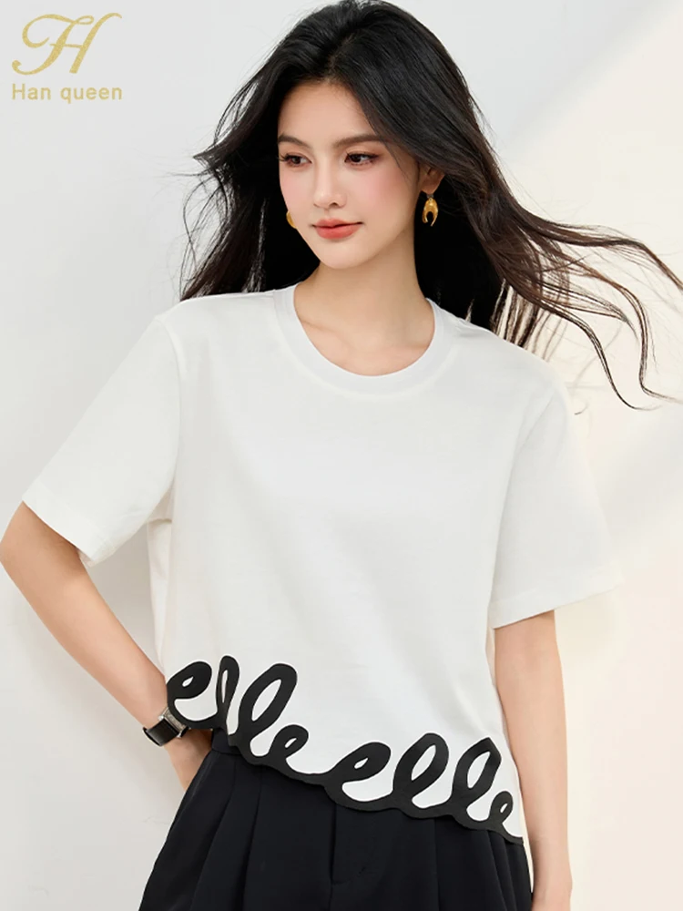 

H Han Queen 2025 Woman Clothing Summer T-Shirt Korean O-Neck Female Chic Elegant color matching irregular Vintage Tops Women Tee