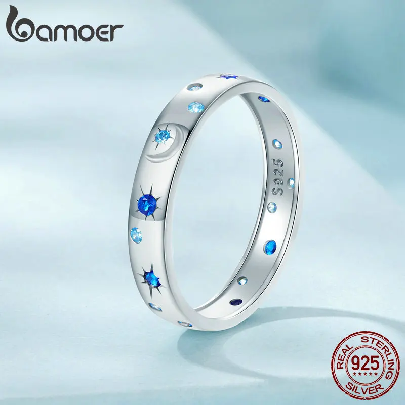 BAMOER Gold Plated Blue Star and Moon Cubic Zirconia Rings for Women, 925 Sterling Silver Classic Stackable Ring Band for Women