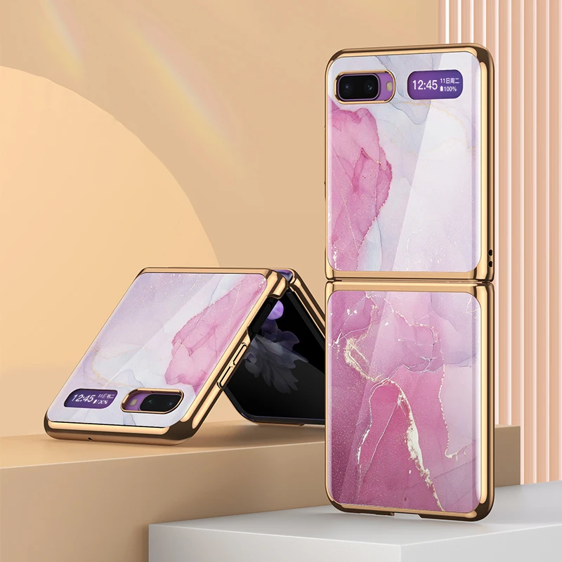 Painted Tempered Glass Case For Samsung Galaxy Z Flip Luxury Plating Edge Hard Frame Protective Cover For Galaxy Z Flip Case
