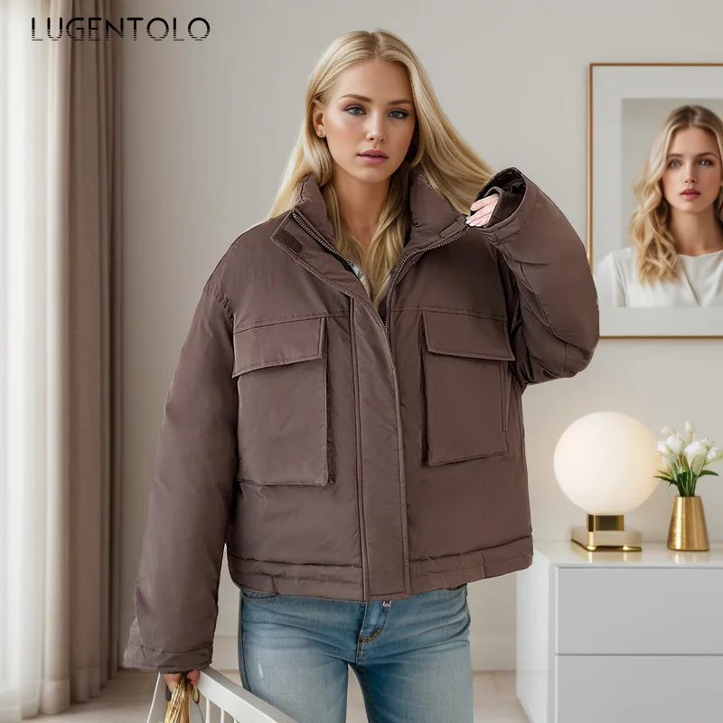 Women Casual Parkas Fall-Winter 2024 New Thickened Down Cotton Thermal Coat Fashion Loose Stand Collar Large Pocket Cargo Jacket