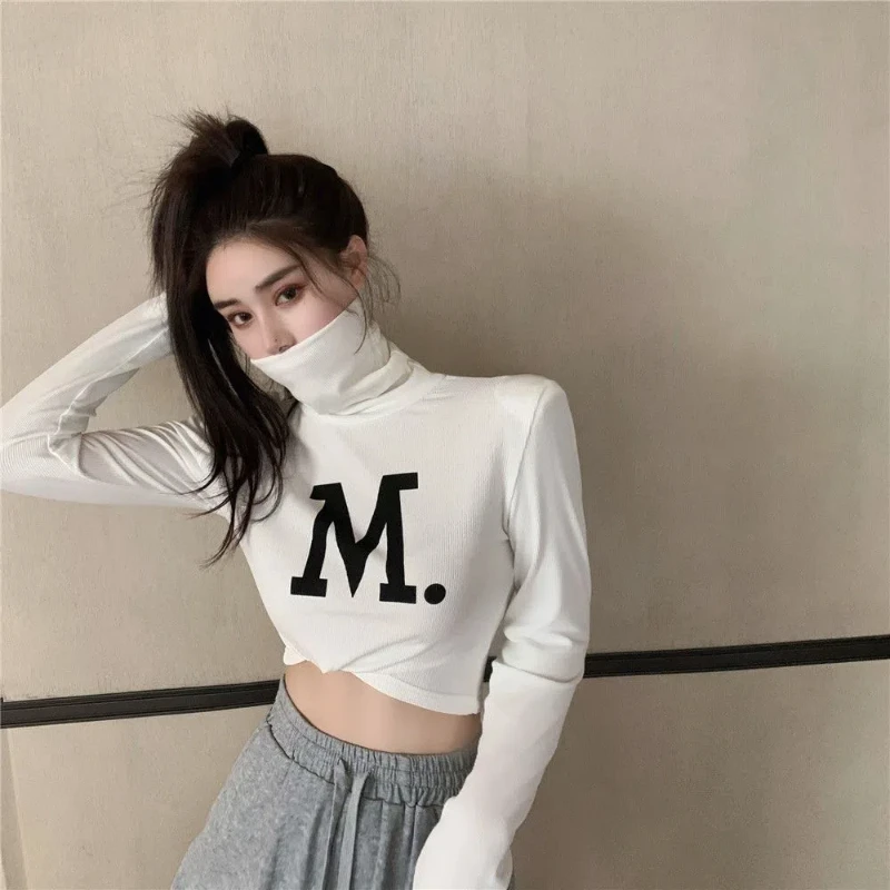 Koreańskie Slim Printing Letter Tops Tees Spring New Long Sleeve Simplicity Solid Color Trend T Shirts Fashion Y2K Odzież damska