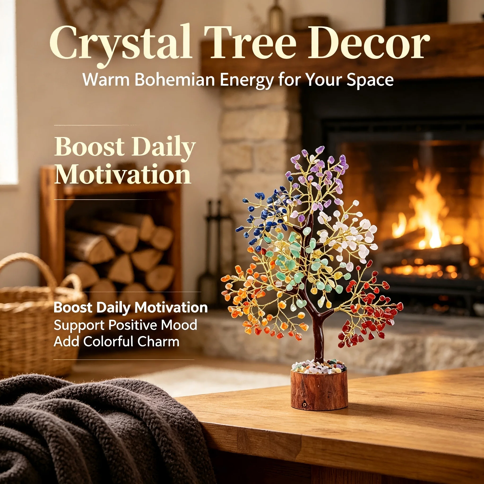 Colorful crystal tree, Bohemian style, with wooden stacked base, suitable for home office desktop display rack decoration, elegant gift, for family and friends