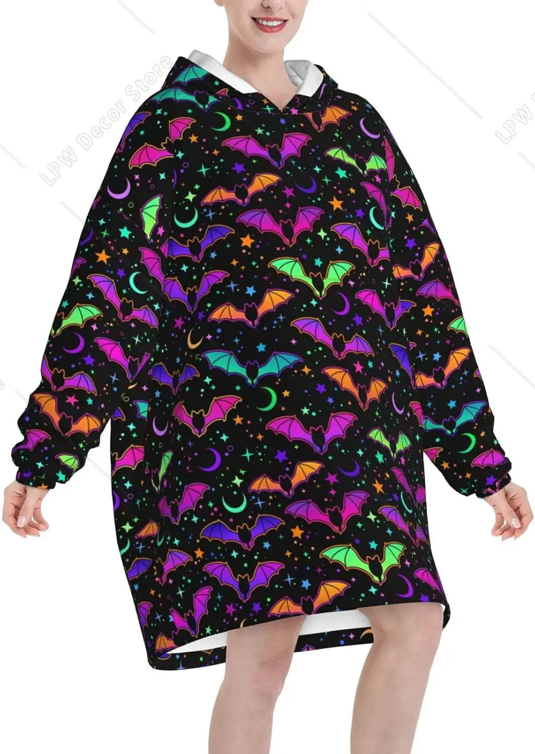 Colorful Bright Bats Blanket Hoodie Oversized Wearable Blankets Softest Warmth Front Pocket For Adults