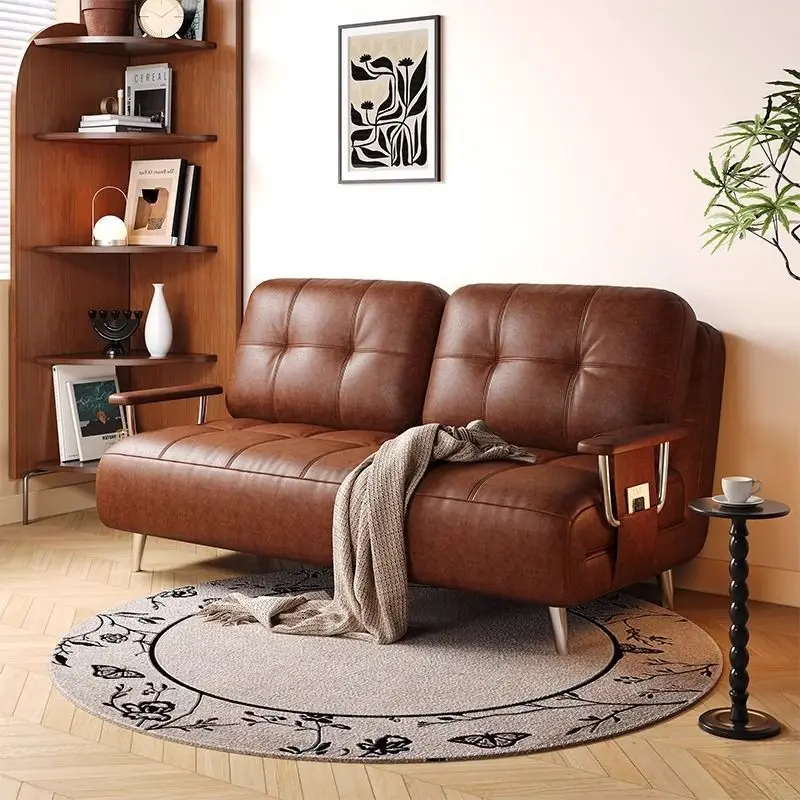 2025 new folding sofa bed single dual-purpose storage retro small apartment retractable study lunch break leather art sofa