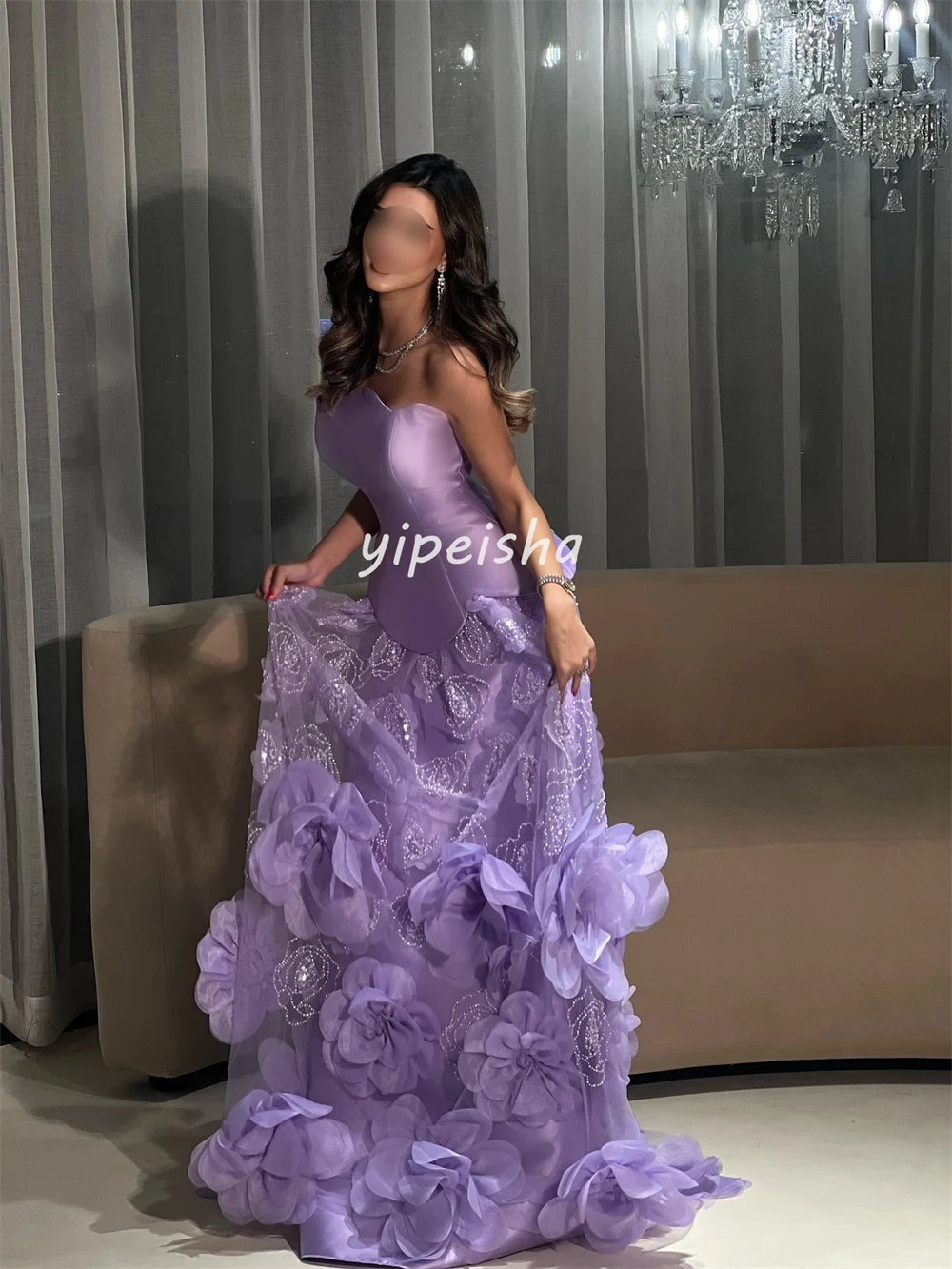 Sukienki szyte na miarę, seksowne, ręcznie robione, z kwiatami, koralikami i cekinami, o kroju litery A, bez ramiączek, długie, na specjalne okazje, dostępne różne rozmiary.