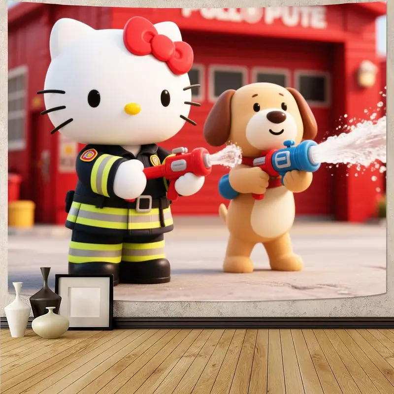 

Sanrio Hello Kitty Пожарный Собака Милый мультяшный полиэстер Настенный художественный гобелен для гостиной, спальни, общежития, декор, подарок для детей, вентилятор