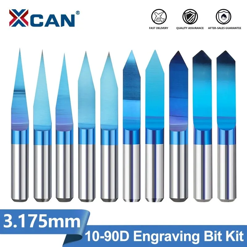 XCAN PCB Engraving Bit 10-90D V Shape Tip End Mill Tungsten Carbide PCB 3D Milling Cutter Nano Blue Coated CNC Router Bit