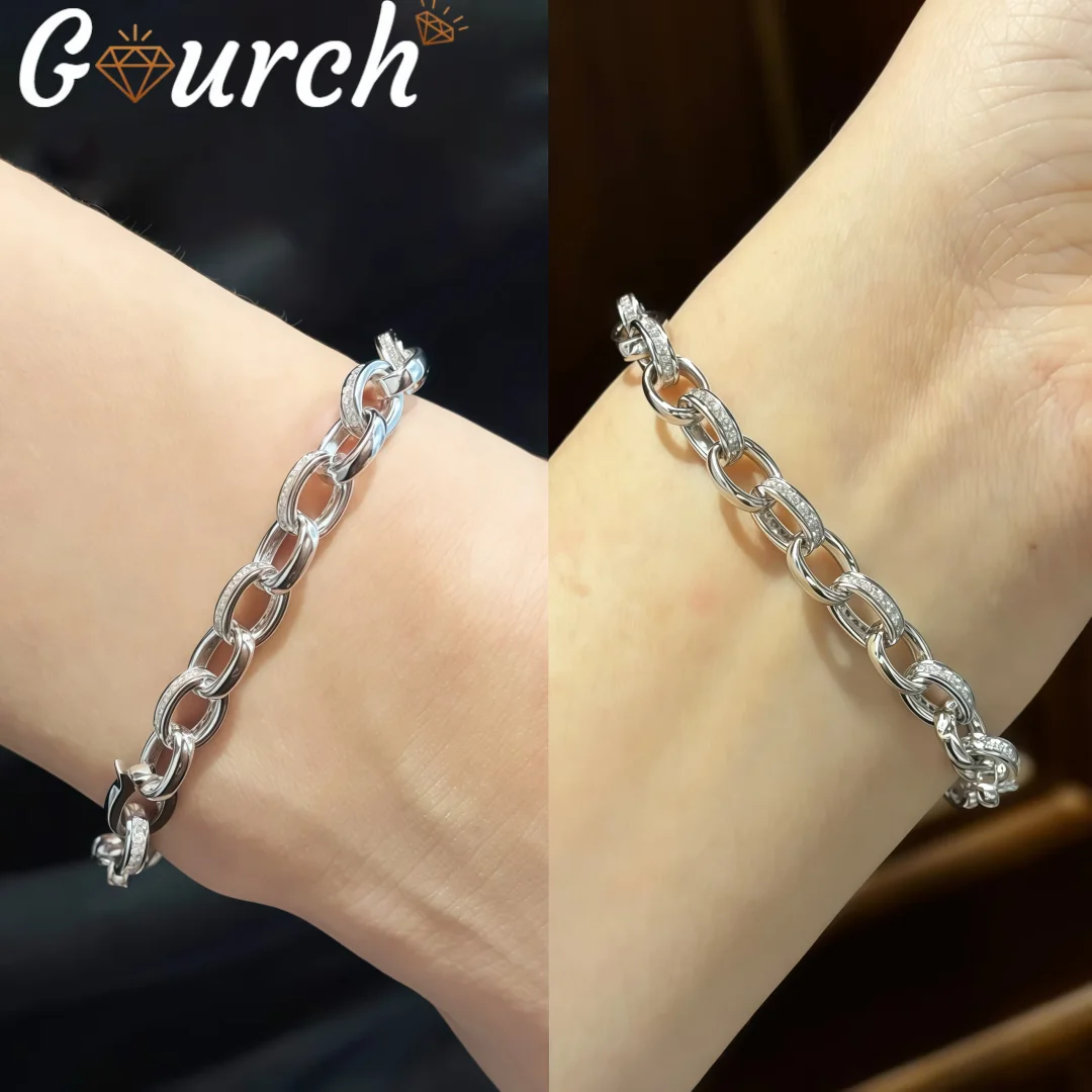 

Гурч переплетенный муассанитовый браслет для пар, стерлинговое серебро 925 пробы, дизайн звеньев цепи, прекрасный подарок на день рождения для женщин и мужчин