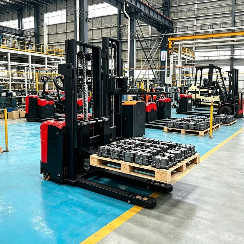 Customized Stand On Full Electric Pallet Stacker 1.5 Ton Double Lift Function Battery Powered Stacker With Reinforced Mast Facto