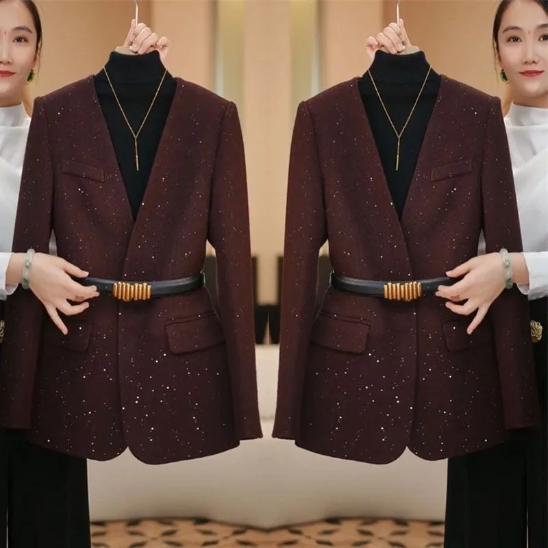 

New Luxury Fashion Sequined Suit Jacket Women Autumn High End Elegant Slim Long Sleeve V-neck Solid Color Coat Office Lady