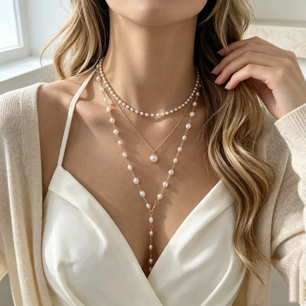 Vintage Elegante Simulierte Perlen-Halskette für Damen, Mehrschichtige Y-förmige Pulloverkette, Choker, Hochzeitsschmuck – Detail 9