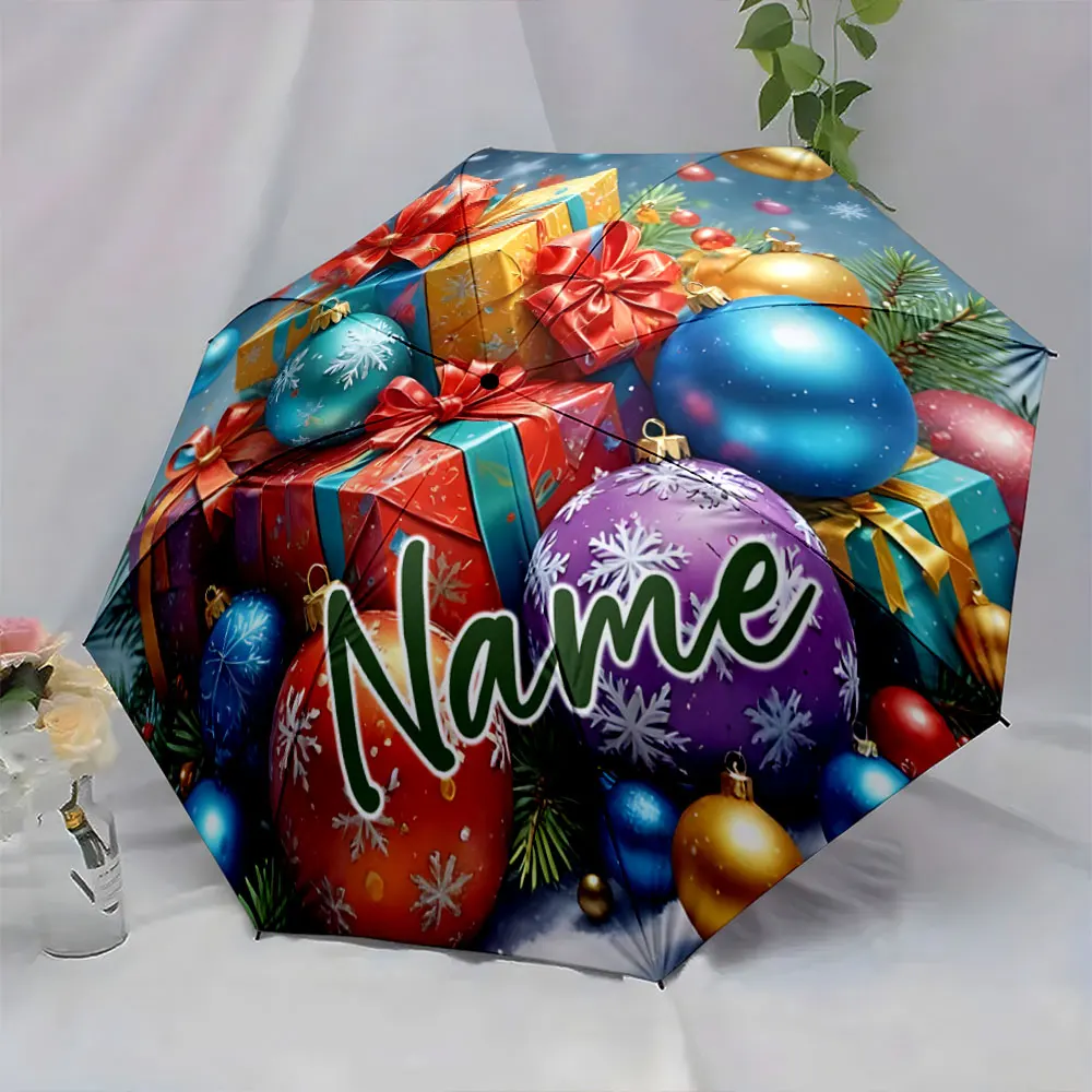 Custom Name Christmas Umbrella with Colorful Gift Festive Ornaments 8 Iron Ribs Folding Umbrella Auto-Open Fashion Sunshade
