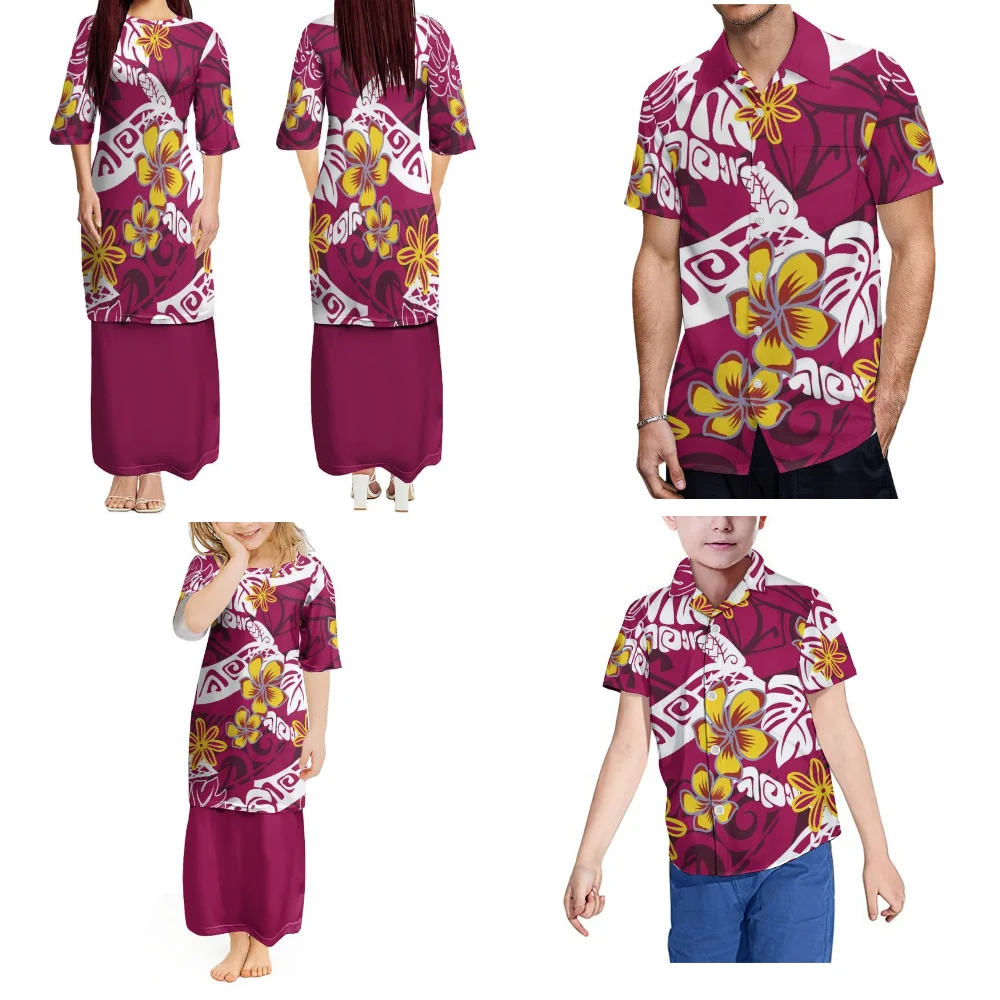 Samoa Formal Occasion Home Party Set Women'S Dress Puletasi Set Temperament Long Skirt And Men'S Aloha Shirt Children'S Clothing