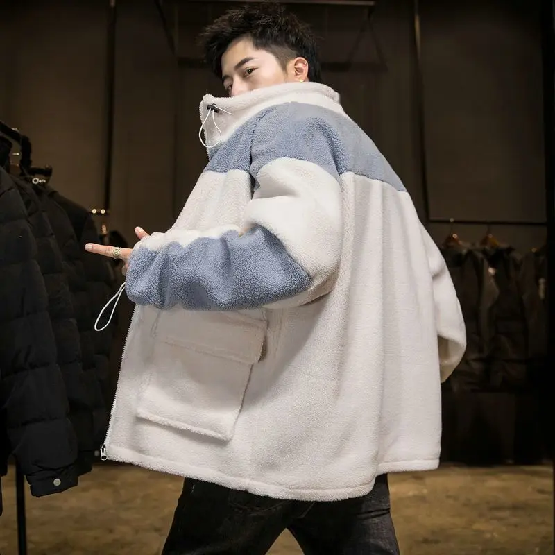 

​ 2025 зимняя новая мужская куртка из овечьей шерсти, утолщенная флисовая подкладка, большая подростковая куртка, теплое модное студенческое пальто с капюшоном ​