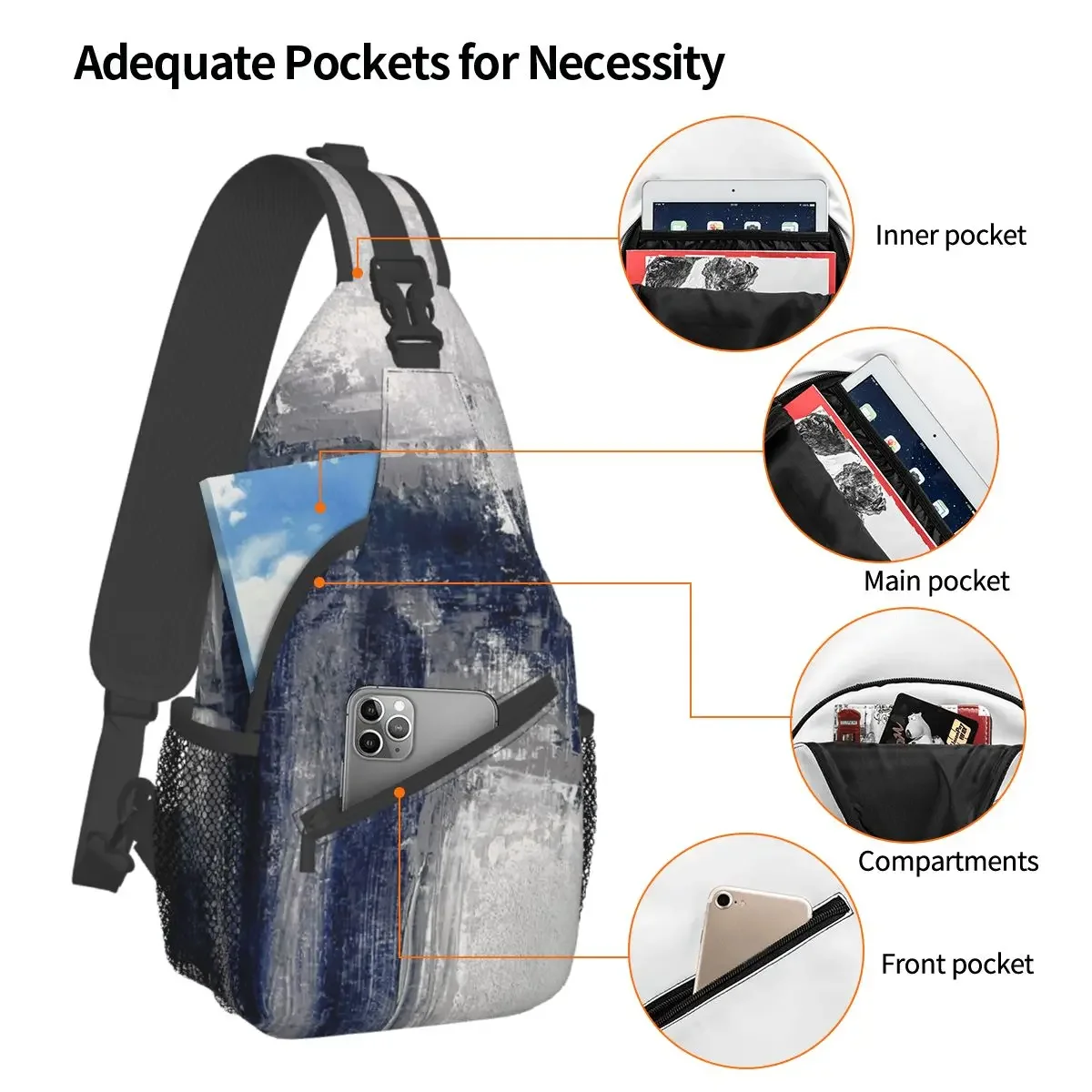 Blue Gray Abstract Sling Bag Chest Crossbody Shoulder Sling Backpack Outdoor Hiking Daypacks Modern Art Pattern Bag