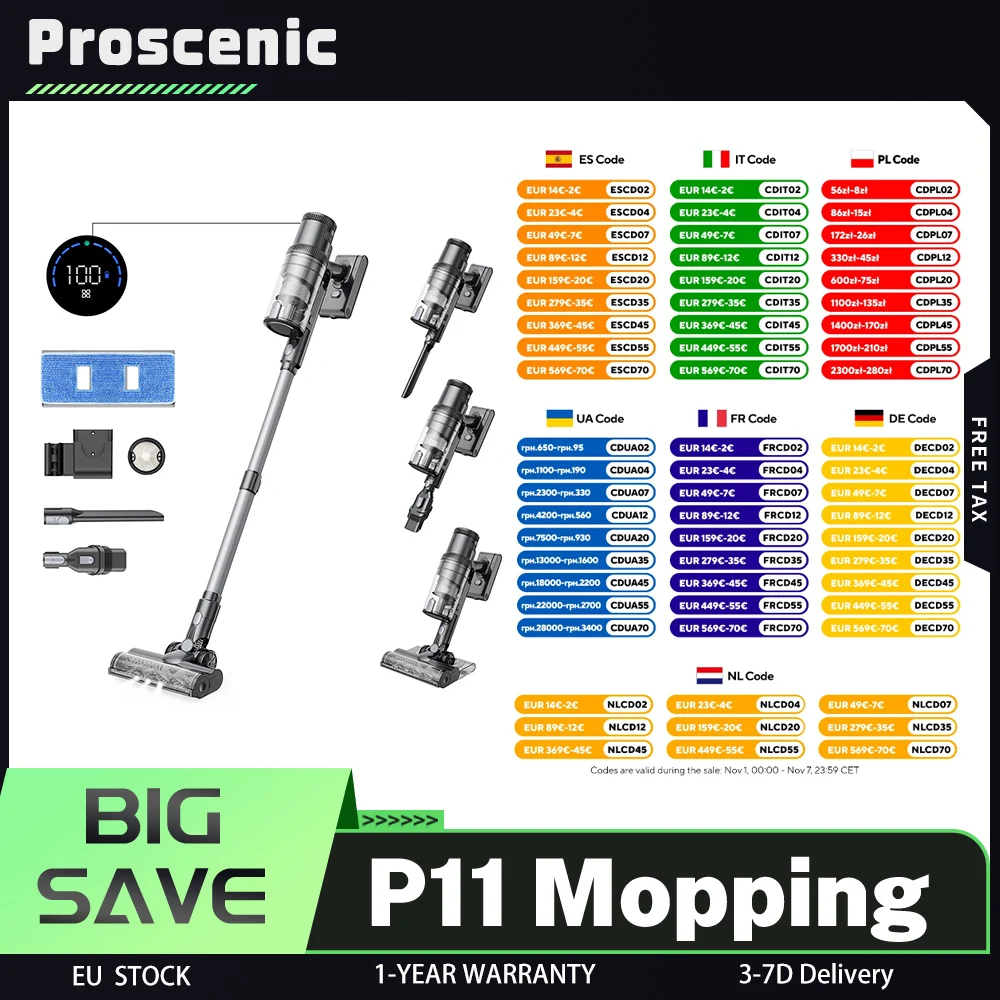 Aspirateur sans fil Proscenic P11, systme de filtration en 5 tapes, batterie 2000 mAh, aspiration 35 Kpa, poubelle 0,65 L, LED