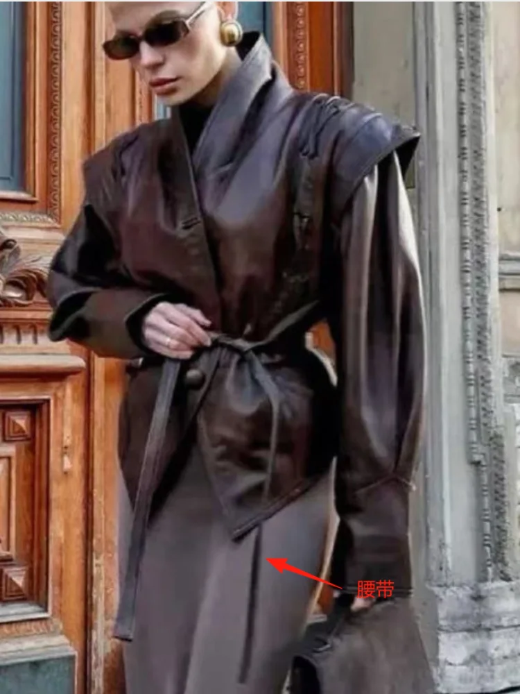 Vintage Women's Leather Jacket With Belt Slim Lace Up Lapel Long Sleeve Locomotive Coat 2025 Autumn Lady High Street Y2k Outwear