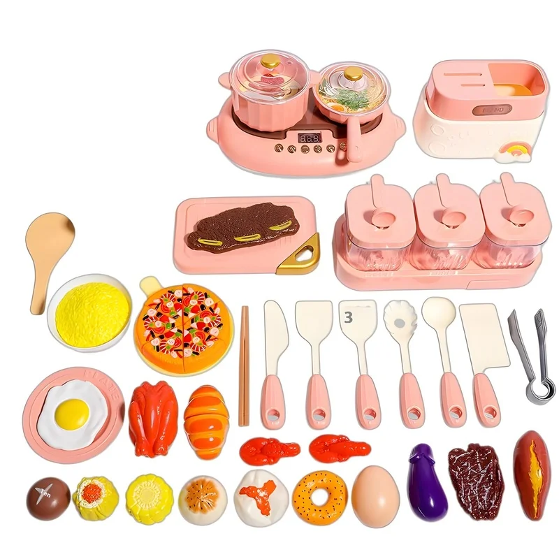 Giocattoli per bambini Set di fornelli elettrici a spruzzo a vapore Ragazzi e ragazze Go Home Kitchen Cucina Pasto Utensili da cucina Educazione precoce