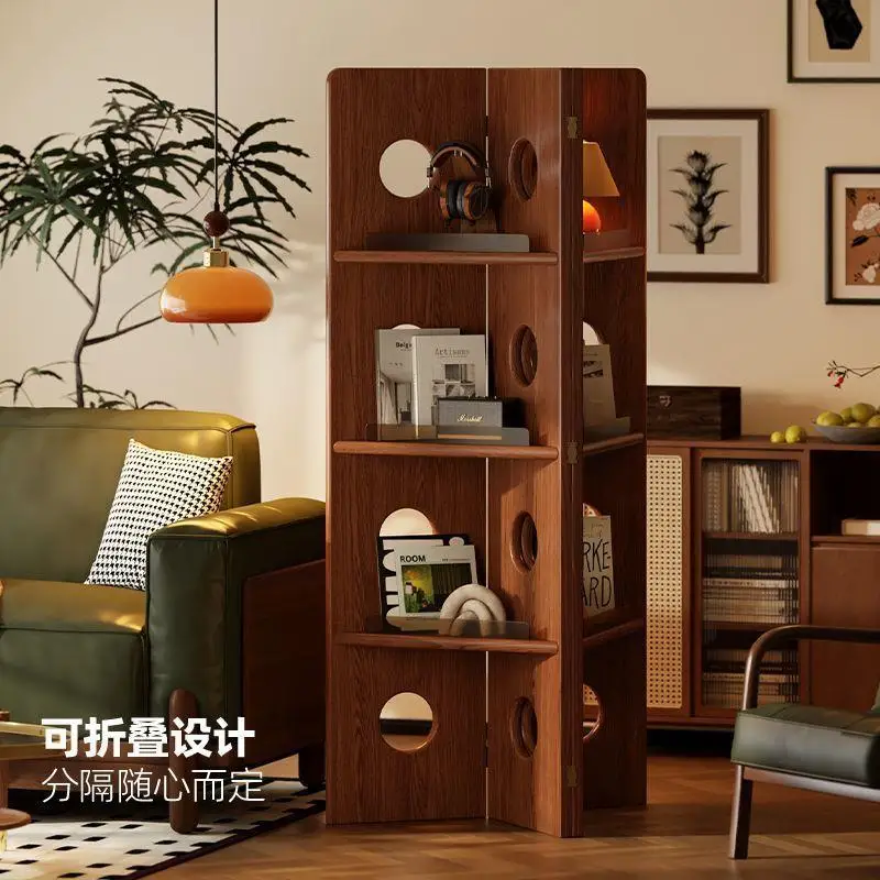 Solid wood partition screen, living room vertical foldable display rack, mobile baffle, multi-layer display rack