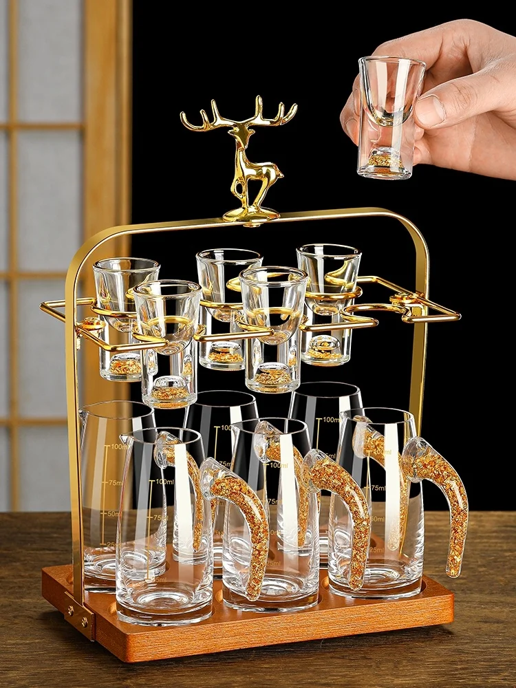 Chinese Style Gold Foil White Wine Cup Set High End Liquor Glasses Crystal Glass Short Stem Cup Royal Style Handmade Drinkware