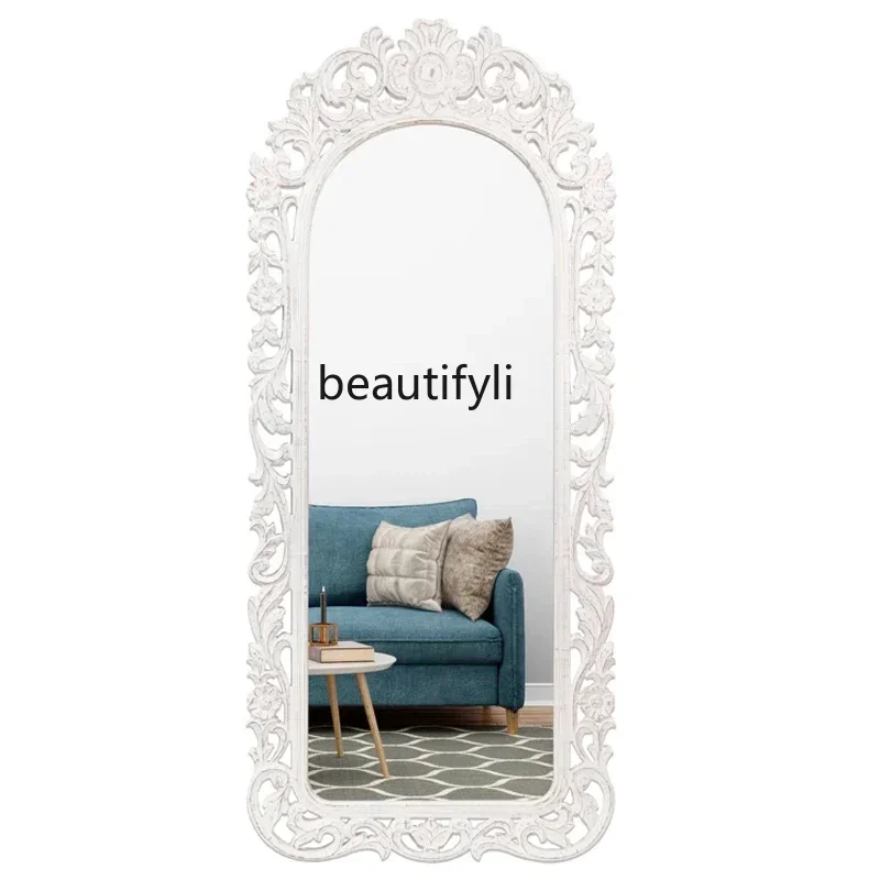 

French light luxury carved living room entrance decorative mirror American retro wall-mounted full-length mirror