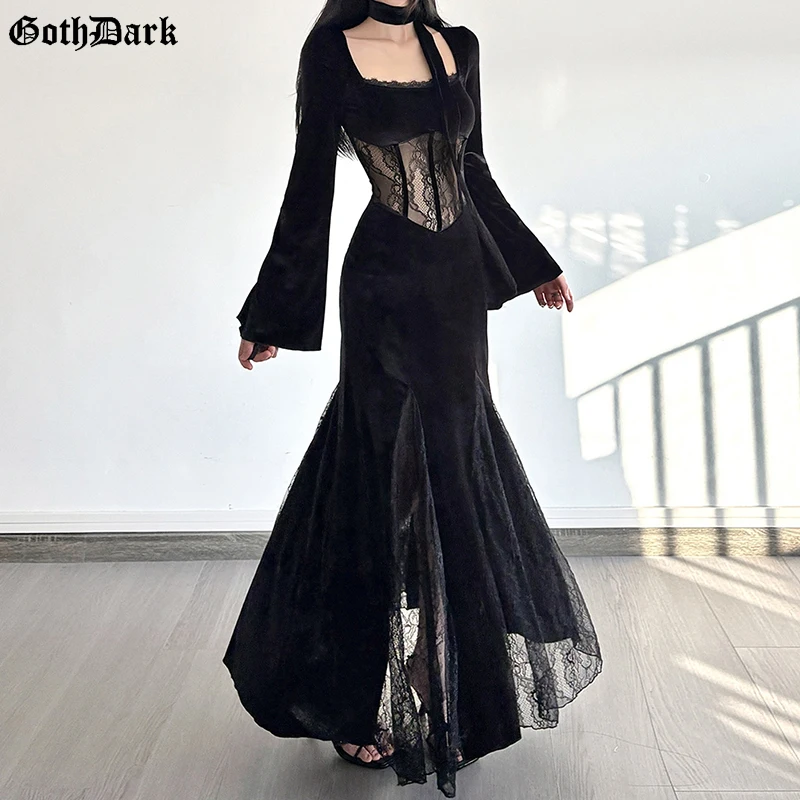 فستان ماكسي مخملي بحاشية من الدانتيل الشفاف على الموضة الداكنة للنساء ملابس قوطي مول فساتين بأكمام مضيئة وشاح للرقبة تفاصيل الهالوين