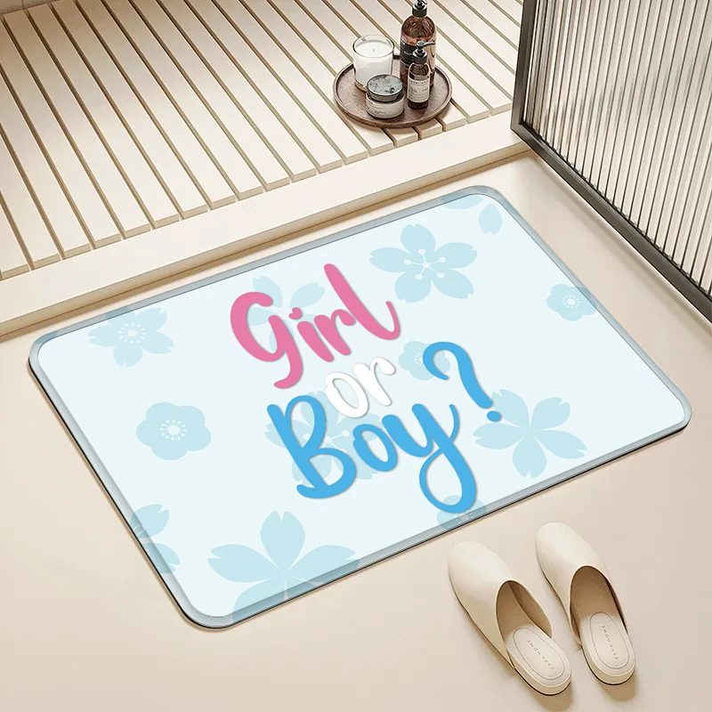 

"Girl or Boy" Gender Reveal Doormat Light Blue Cherry Blossom Pattern Floor Mat for Home Entrance Decor