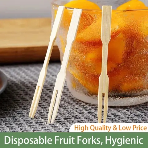 100PCS Disposable Forks Pure Bamboo Wooden Fruit Forks Dessert Fork Set Home Party Decor Tableware Supplies Bamboo Skewer SGC002