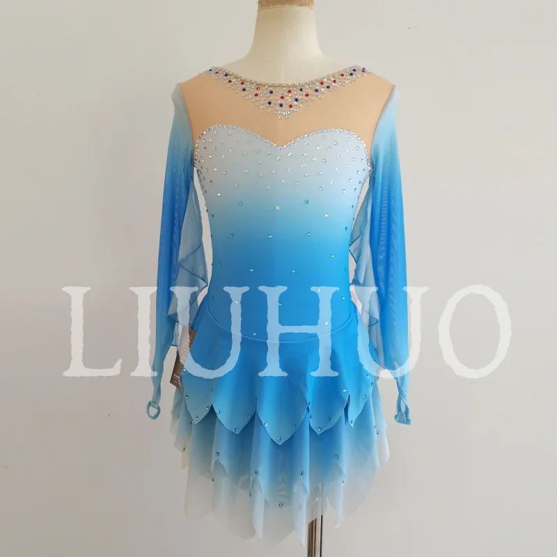 ชุดสเก็ตน้ำแข็ง LIUHUO สำหรับเด็กหญิง ผู้หญิง วัยรุ่น ผ้าสแปนเด็กซ์ยืดหยุ่น สีไล่ระดับน้ำเงิน สำหรับการแข่งขัน ขายส่ง รุ่น BD9156