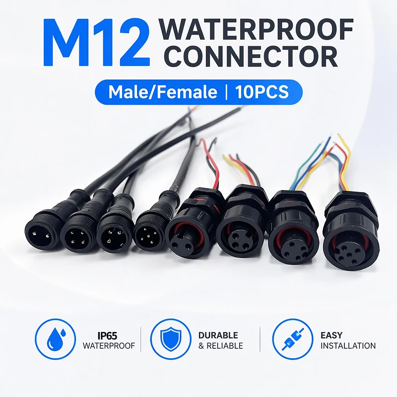 10PCS IP65 M12 Waterproof Electrical Connector Pre-wired Male Female Wire Plug 2P 3P 4P 5Pin Panel Mount Aviation Connector