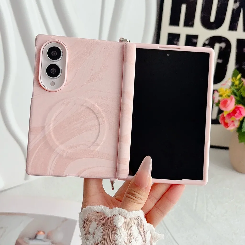 Magnetic Wavy Leather Case For Samsung Z Fold 8 Wide Fold8 Wide Shockproof Hinge Protection With Strap For Magsafe Slim Cover