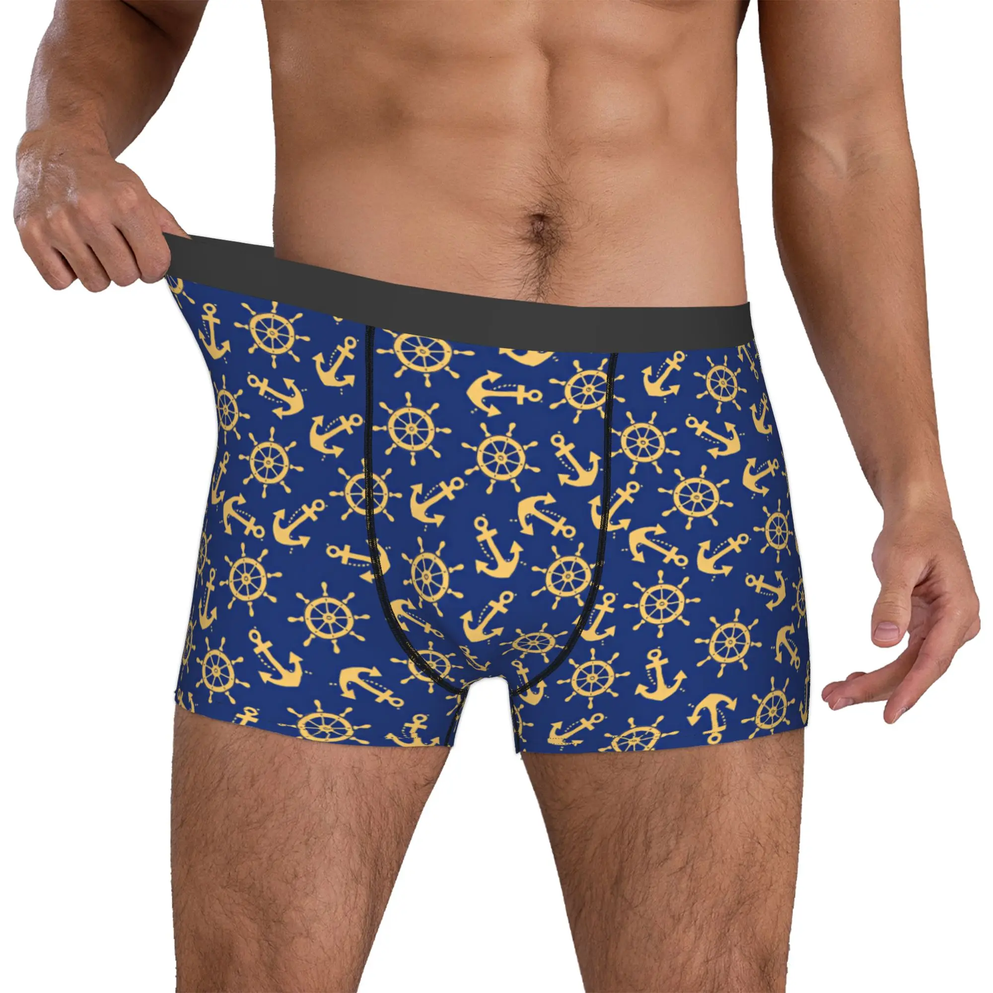 Nautical Nautical Navy Blue yellow Anchors Boxers Shorts Men's  Briefs Underwear Novelty Underpants