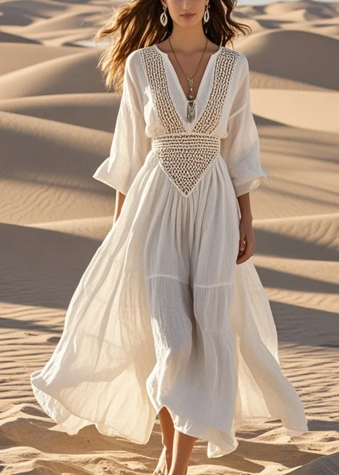 

White V-Neck Bohemian Dress For Women, Spring And Summer Retro Loose Party Pleated Elegant Dress