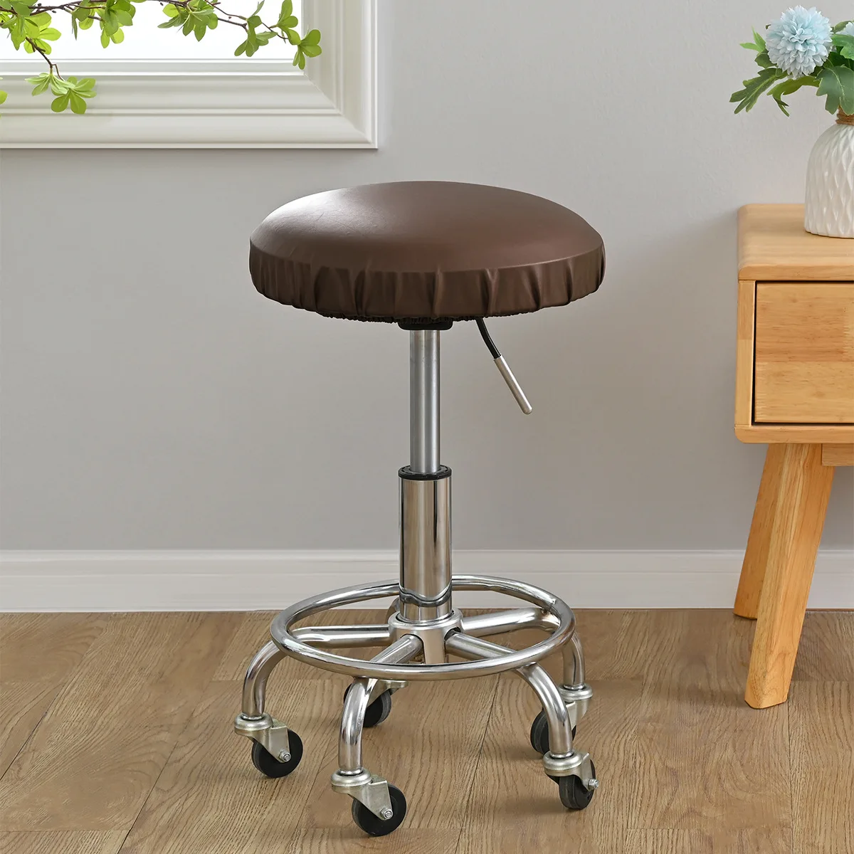 

Pu Leather Bar Stool Cover Solid Color Waterproof Round Chair Cover Home Wedding Banquet Seat Slipcover Stool Chair