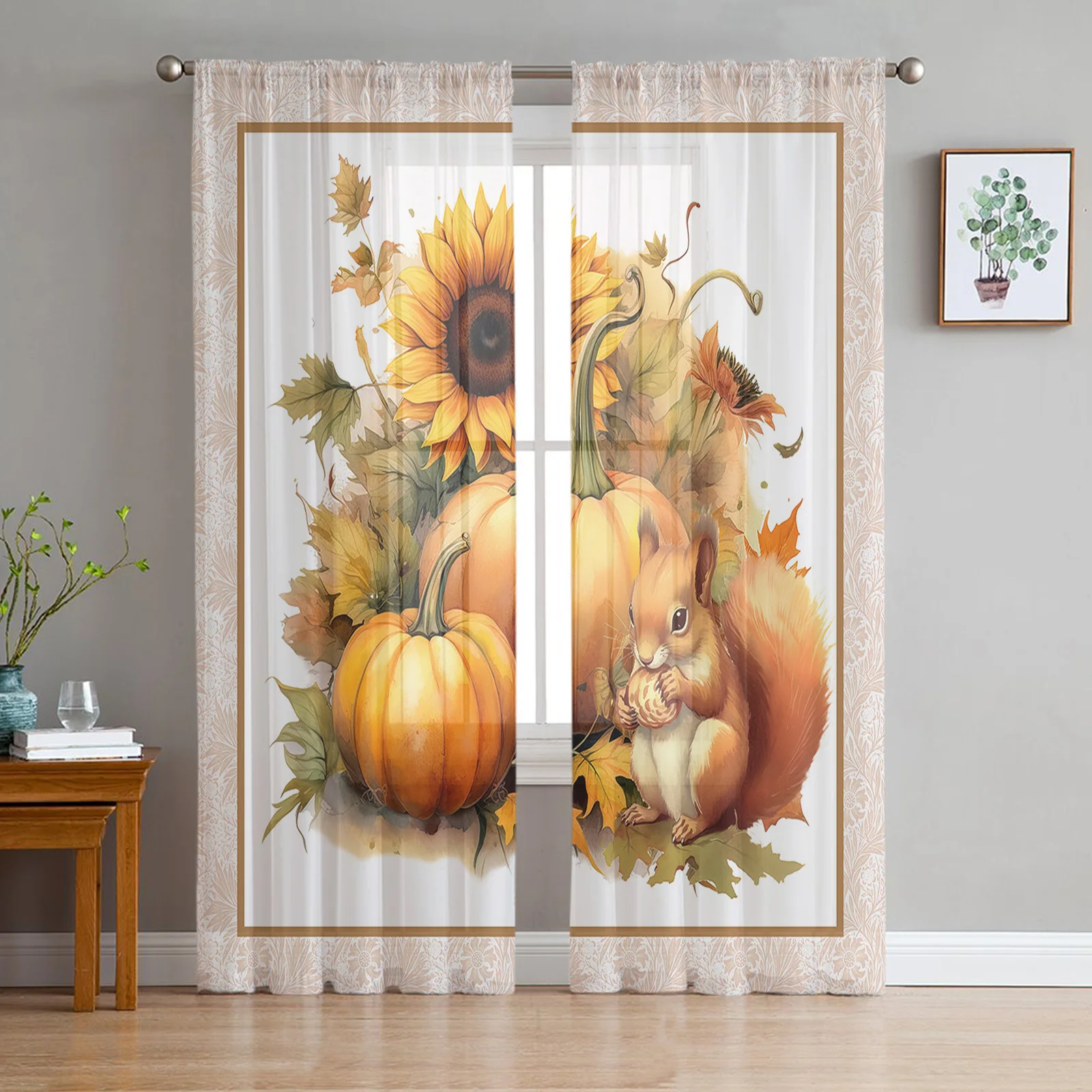 

Autumn Pumpkin Squirrel Sunflower Sheer Voile Curtain for Living Room Bedroom Kitchen Window Transparent Chiffon Tulle Curtain