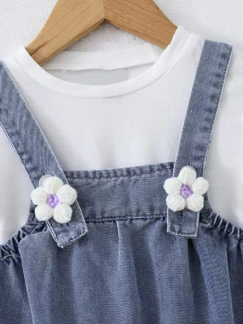 Girls cowboy halter dress two-piece summer baby girl knit+chiffon lantern sleeve flowers denim halter dress