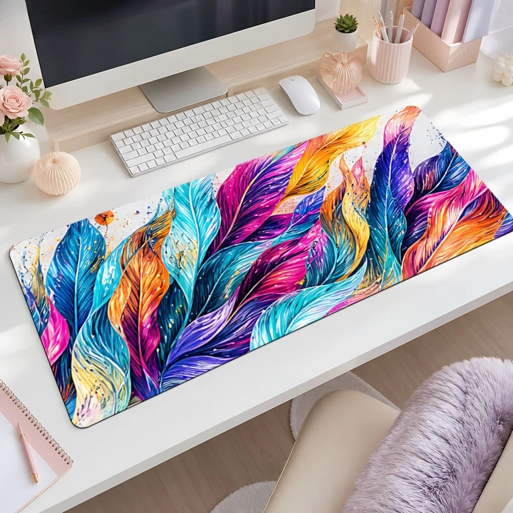 Blue and purple multi-colored feather abstract flowing line pattern mouse pad, anti-slip, suitable for office desk decoration