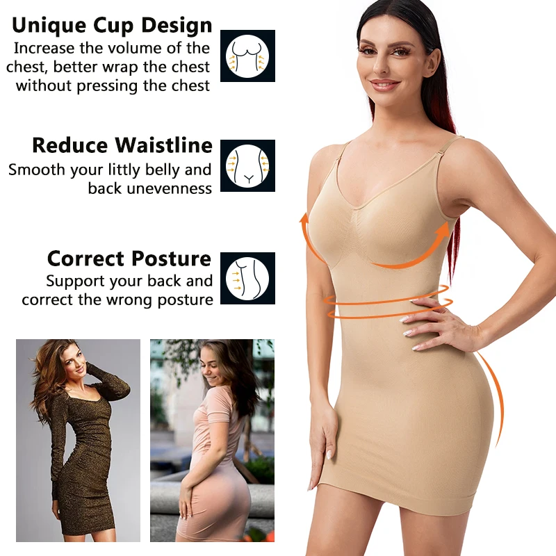 Women Slimming Shapewear Underwear Control Strap Sexy Deep V-Neck Push Up Dress Body Shaper Spaghetti Waist Trainer Lingerie