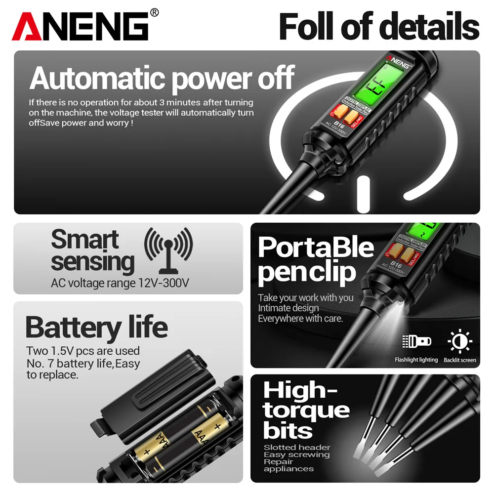 ANENG B16 Digital Tester Pen Screwdriver Flat-head Sensing 12V-300V Voltage Detector Non-Contact Probing Electrician Repair Tool image 4